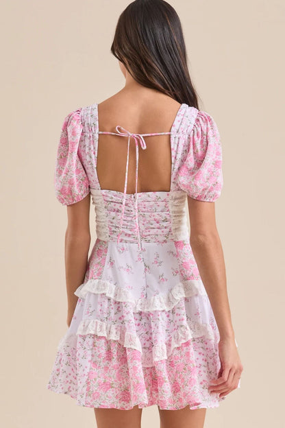 Lace Patchwork V Neck Puff Short Sleeve Mini Dress