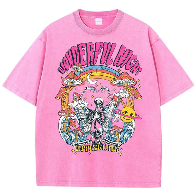 Wonderful Night Skeleton Butterfly Wave Print T-shirts Oversized Tops Street Comfortable Clothing Loose Wash Tee