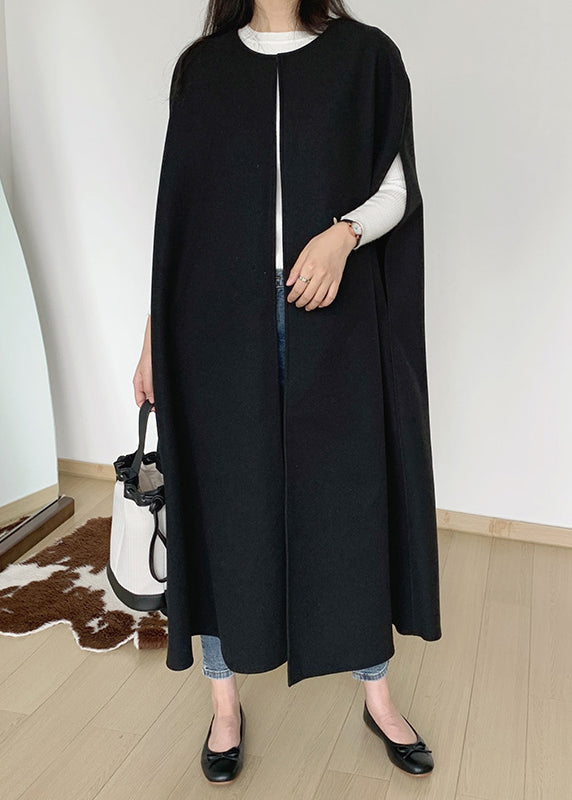 Oversized Pockets Sleeveless Woolen Coats Black