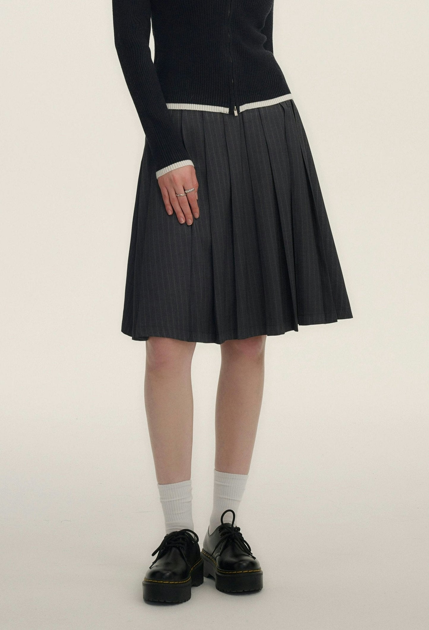 Grey Pinstripe Pleated Skirt