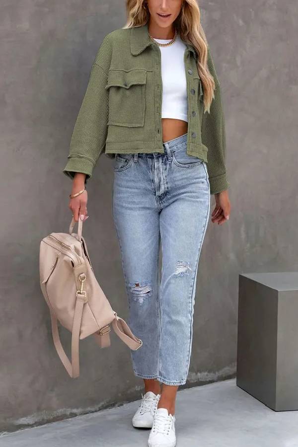 Waffle Cardigan Short Top Jacket