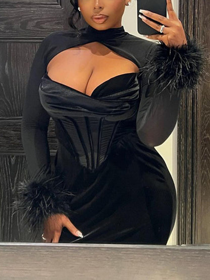 Plush Mesh Paneled Hollow Long Dress