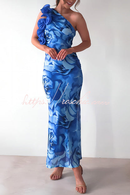 Print Sleeveless 3d Flower One Shoulder Slim Maxi Dress
