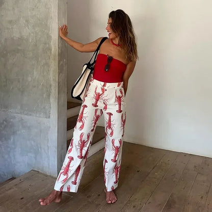 Cartoon Cray Printing Long Pants Set for Summer Short Sleeve Shirt High Waist Wide Leg Pant 2 Piece Sets Lady Outfits
