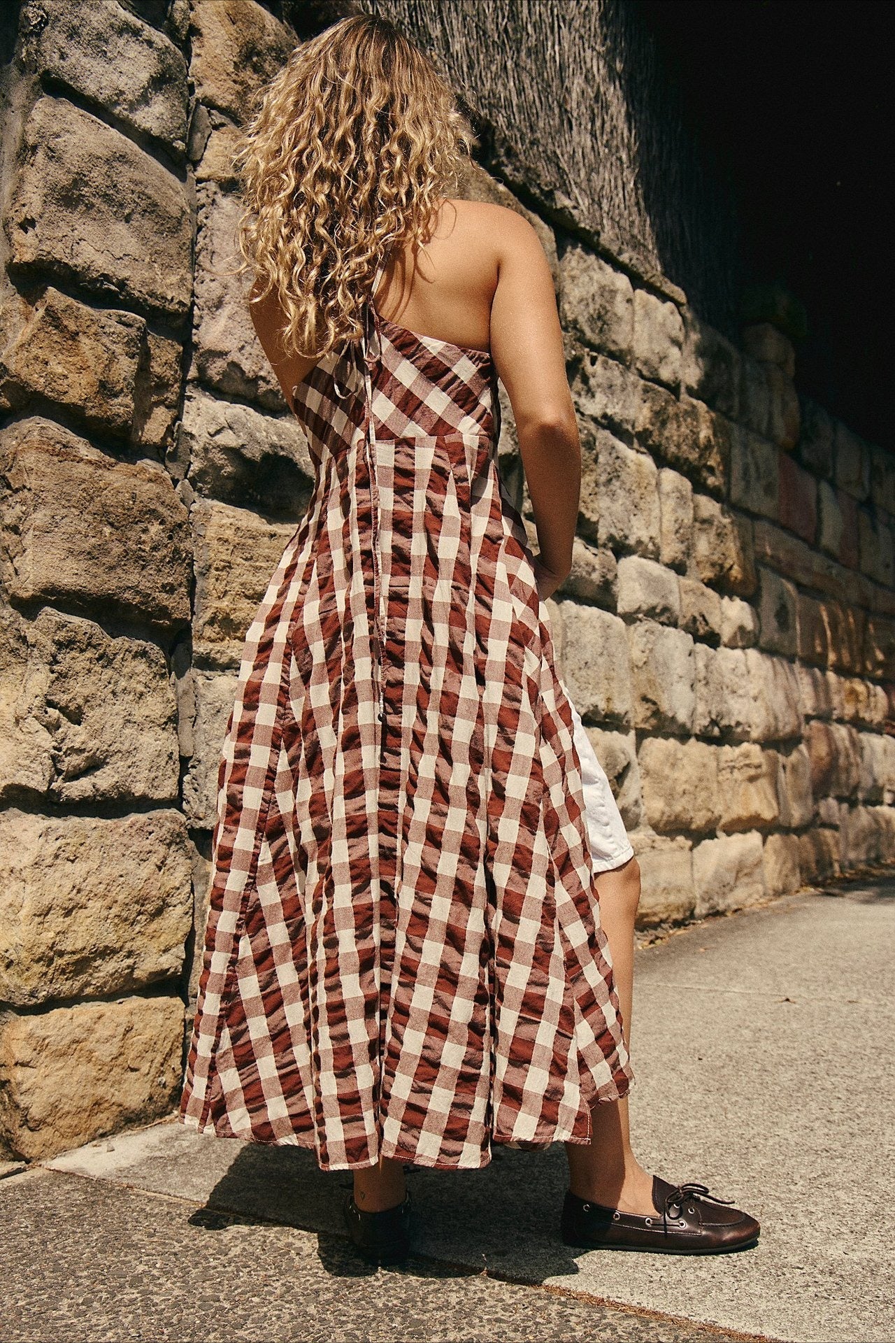 Plaid Buttoned Halter Midi Dress
