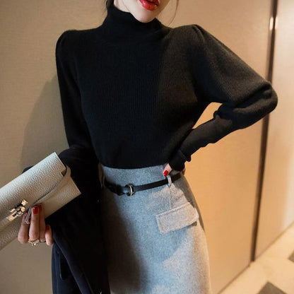 Black Turtleneck Long Puff Sleeve Knit Sweater Tw001