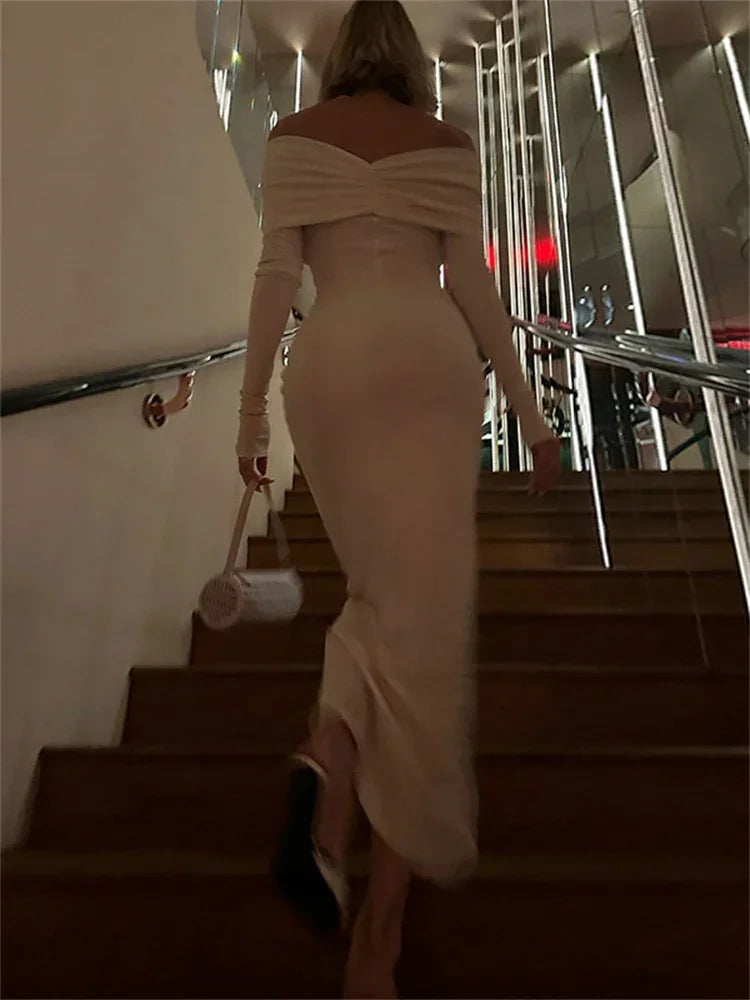 White Pleated Slim Maxi Dress for Patchwork Off-shoulder High Waist Dress Party Dress