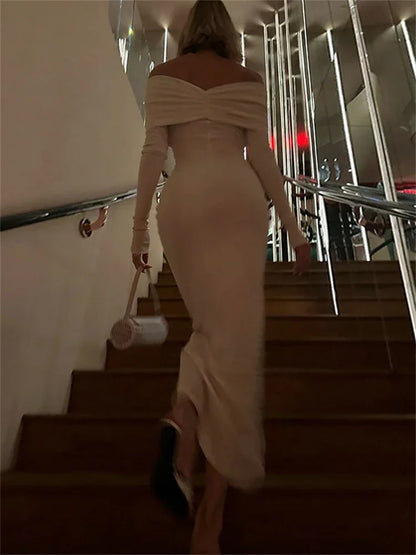 White Pleated Slim Maxi Dress for Patchwork Off-shoulder High Waist Dress Party Dress