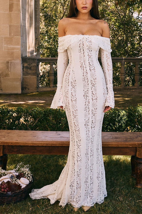 Lace Off Shoulder Flare Sleeve Fishtail Maxi Dresses-white