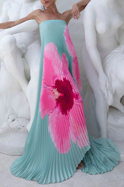 All About Her Pleated Print Off Shoulder A-line Maxi Dress