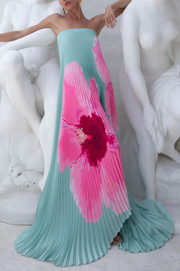 All About Her Pleated Print Off Shoulder A-line Maxi Dress