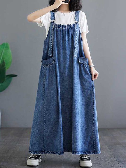 A-line Loose Pleated Pockets Split-joint Spaghetti-neck Maxi Dresses Suspender Dress