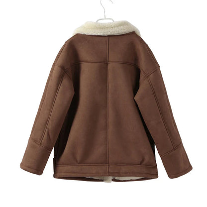 Lamb Woolen Spliced Warm Coat for Side Buttons Lapel Full Sleeve Jackets Lady Autumn Winter Thick Outwear