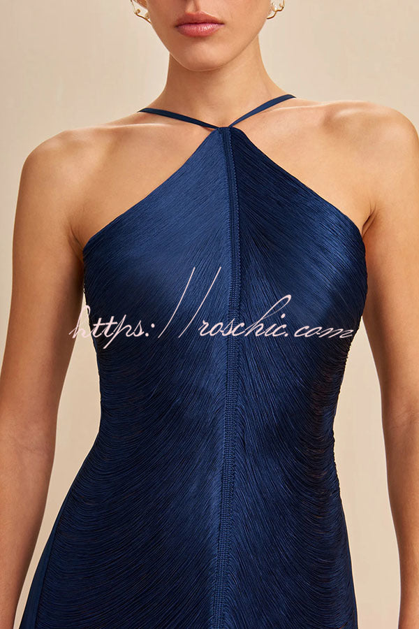 Allnight Metallic Halterneck Backless Fringed Slit Maxi Dress