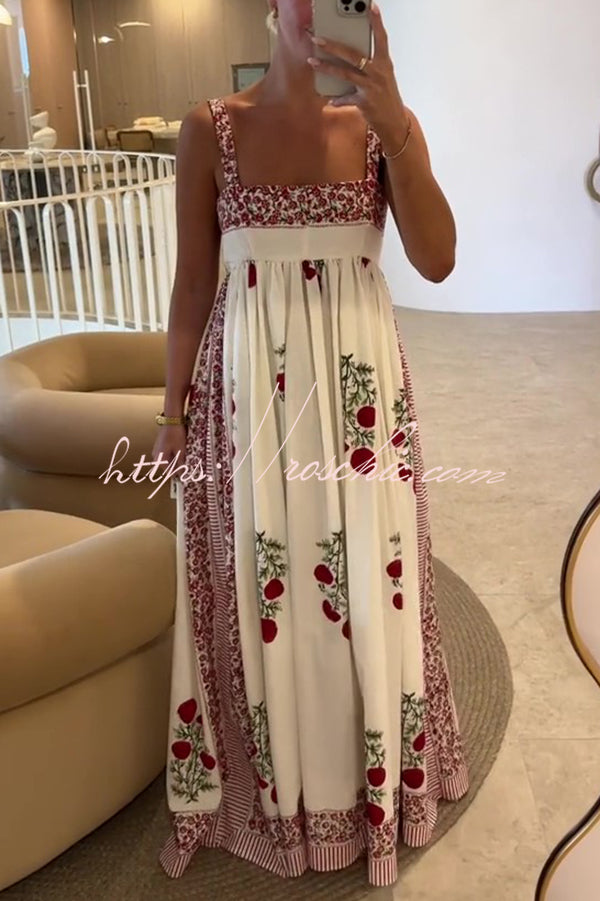 Botanical Print High Waisted Wide Hem Suspender Maxi Dress