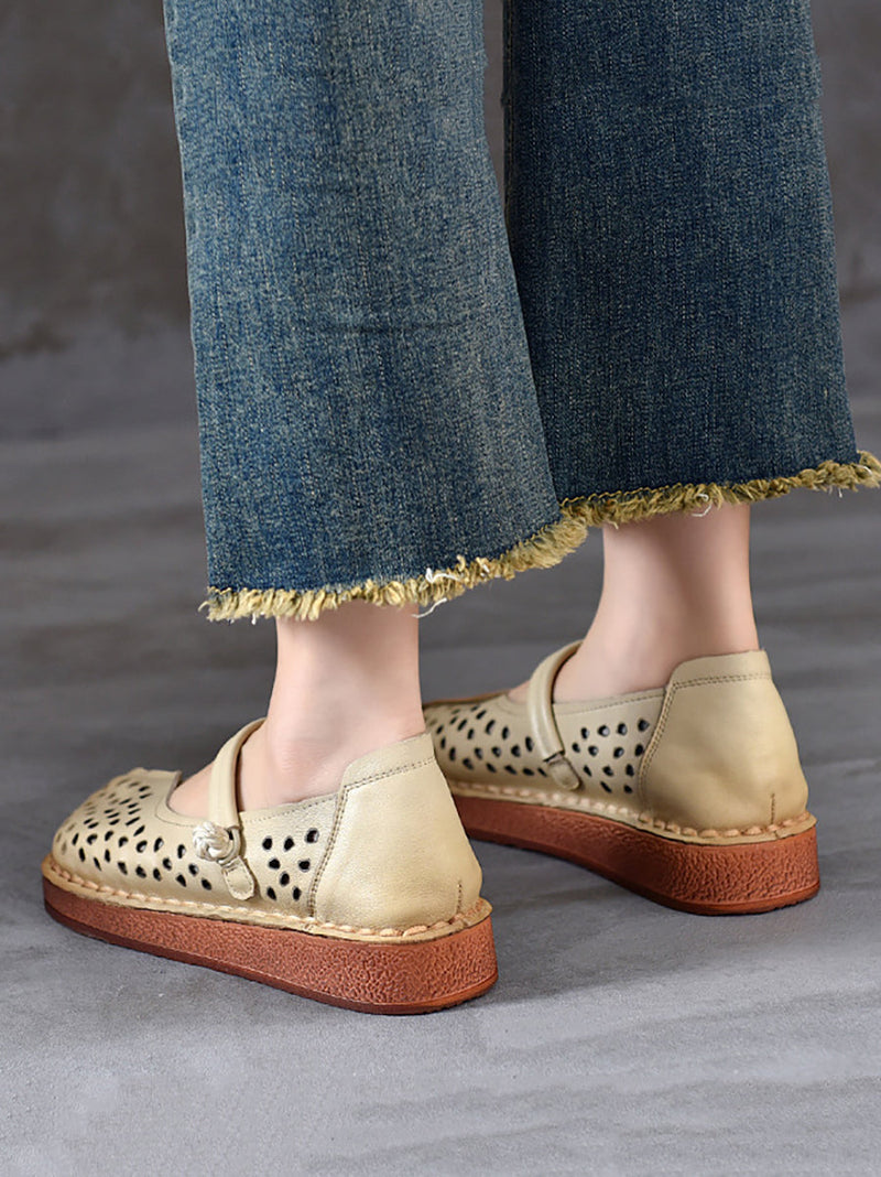 Summer Leather Cutout Leather Flat Shoes Oo1018