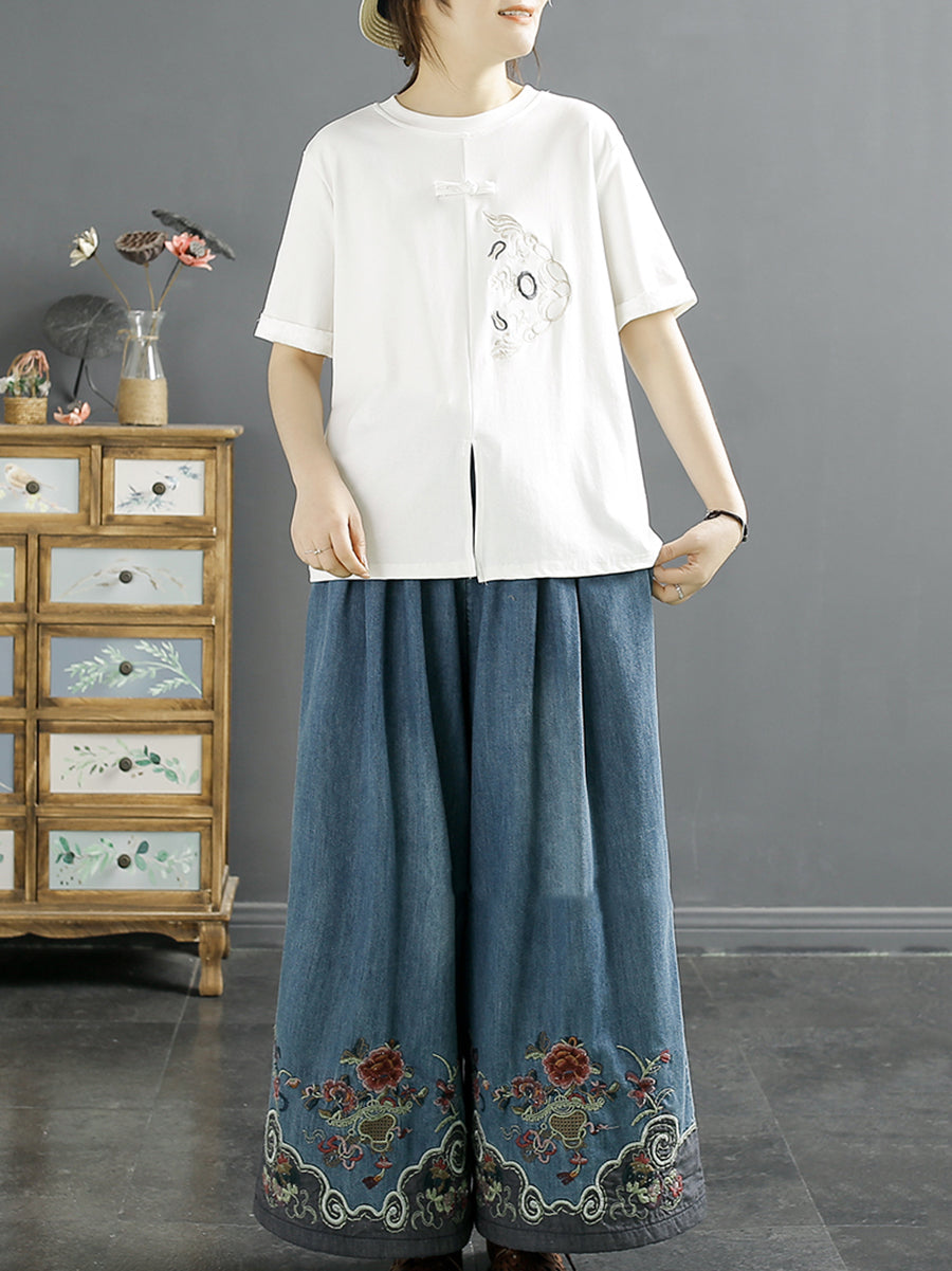 Summer Embroidery Denim Wide-leg Pants Sc1045