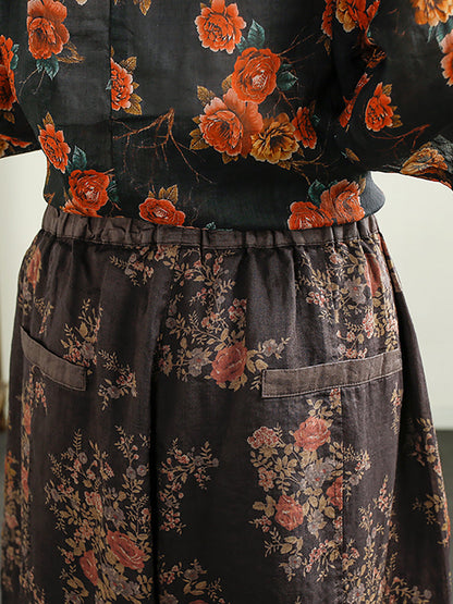 Summer Retro Print Ramie Harem Pants Cx052