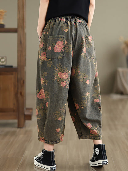 Summer Retro Flower Denim Loose Pants Ii1003