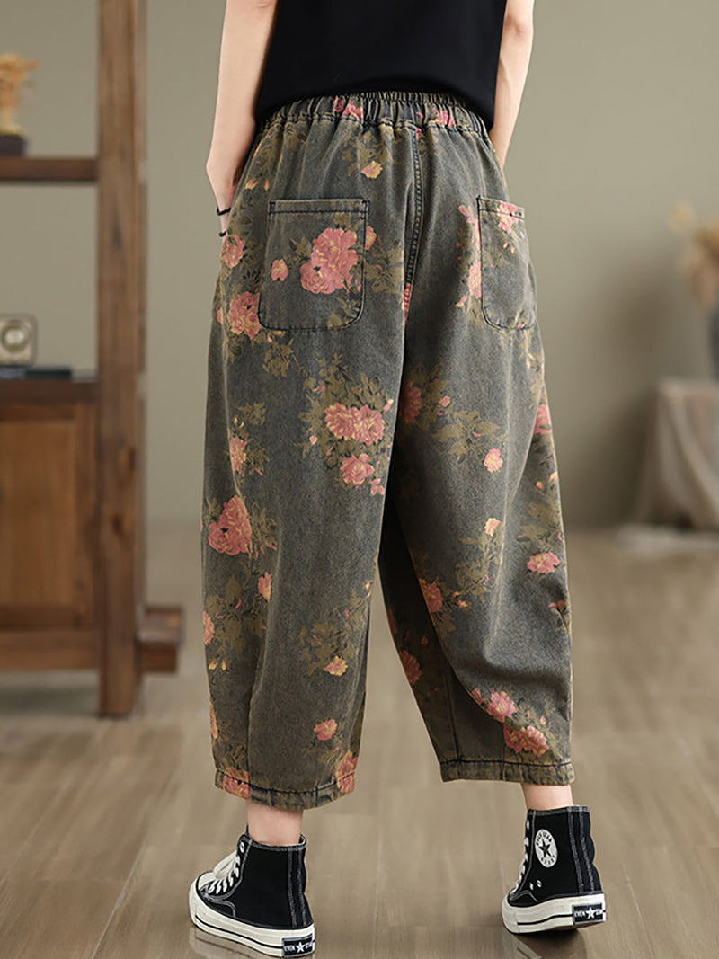 Summer Retro Flower Denim Loose Pants Ii1003