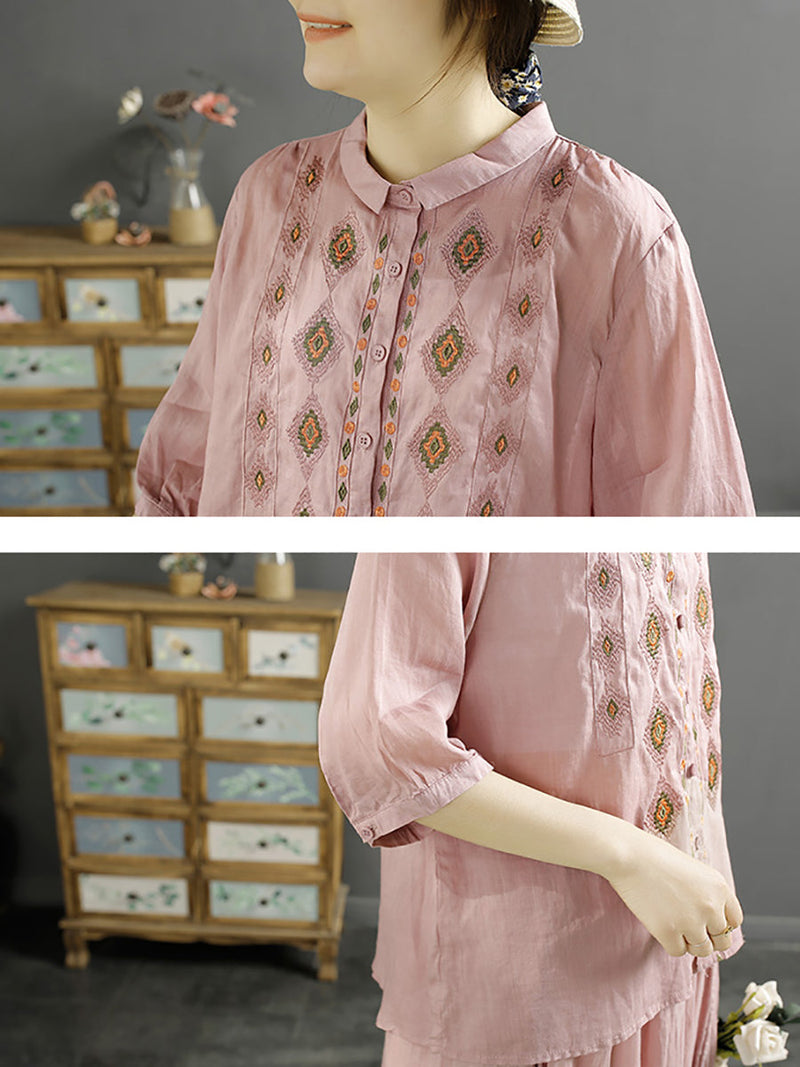 Rhomboids Embroidery Ramie Button Up Blouse Kl1031