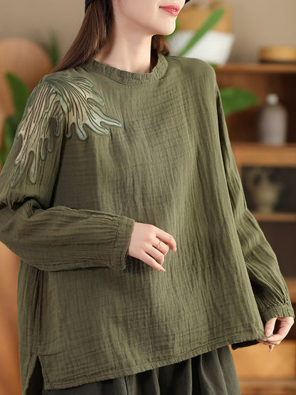 Autumn Artsy Embroidery Stand Collar Cotton Blouse Ai1076