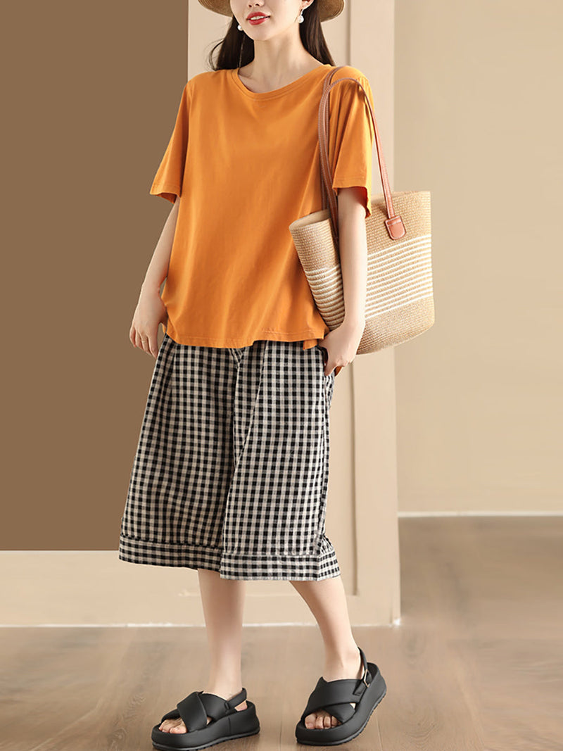 Summer Plaid Linen Wide-leg Pants Pp1028
