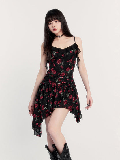 Print Gothic Mini Dress With Asymmetric Hem