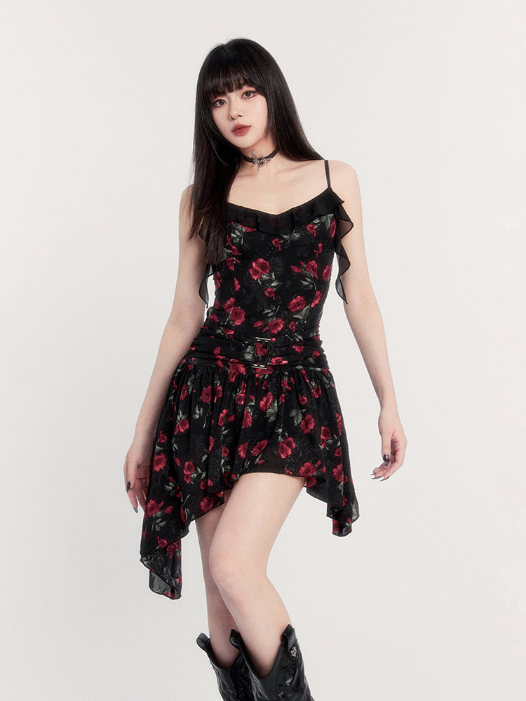 Print Gothic Mini Dress With Asymmetric Hem