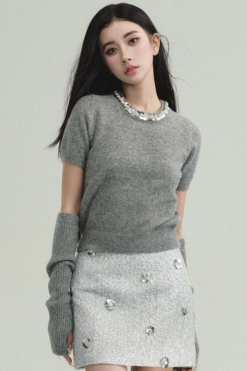 Layered Look: Pearl-trimmed Cropped Sweater With Detachable Arm Warmers