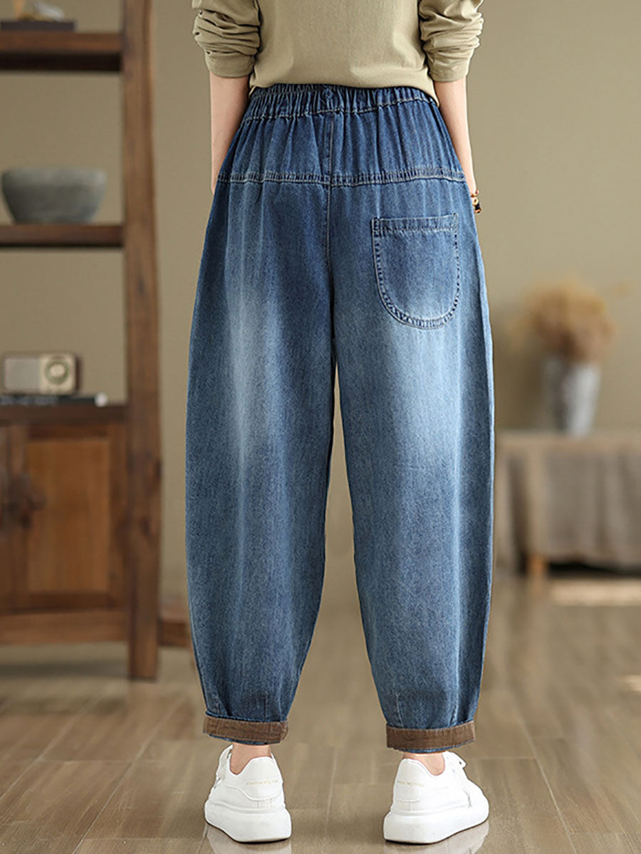 Autumn Cat Patch Spliced Denim Harem Pants Av1004