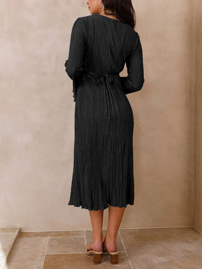 Mountain Vistas Draped Pleated Bell-sleeve Midi Dress
