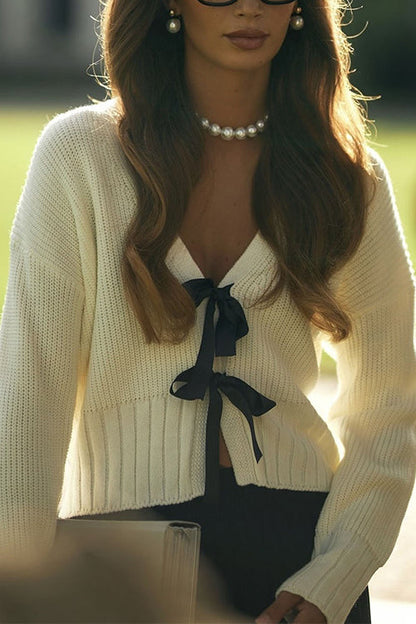 V Neck Bow Tie Front Sweater