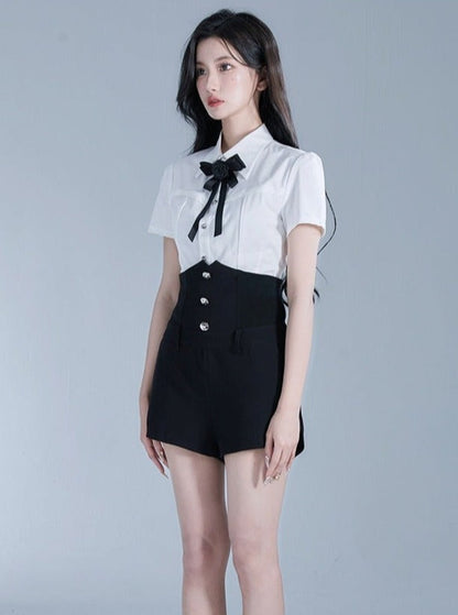 Monochrome Elegance Set: High-waisted Corset Shorts With Cropped Bow-tie Shirt