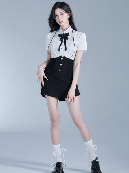 Monochrome Elegance Set: High-waisted Corset Shorts With Cropped Bow-tie Shirt