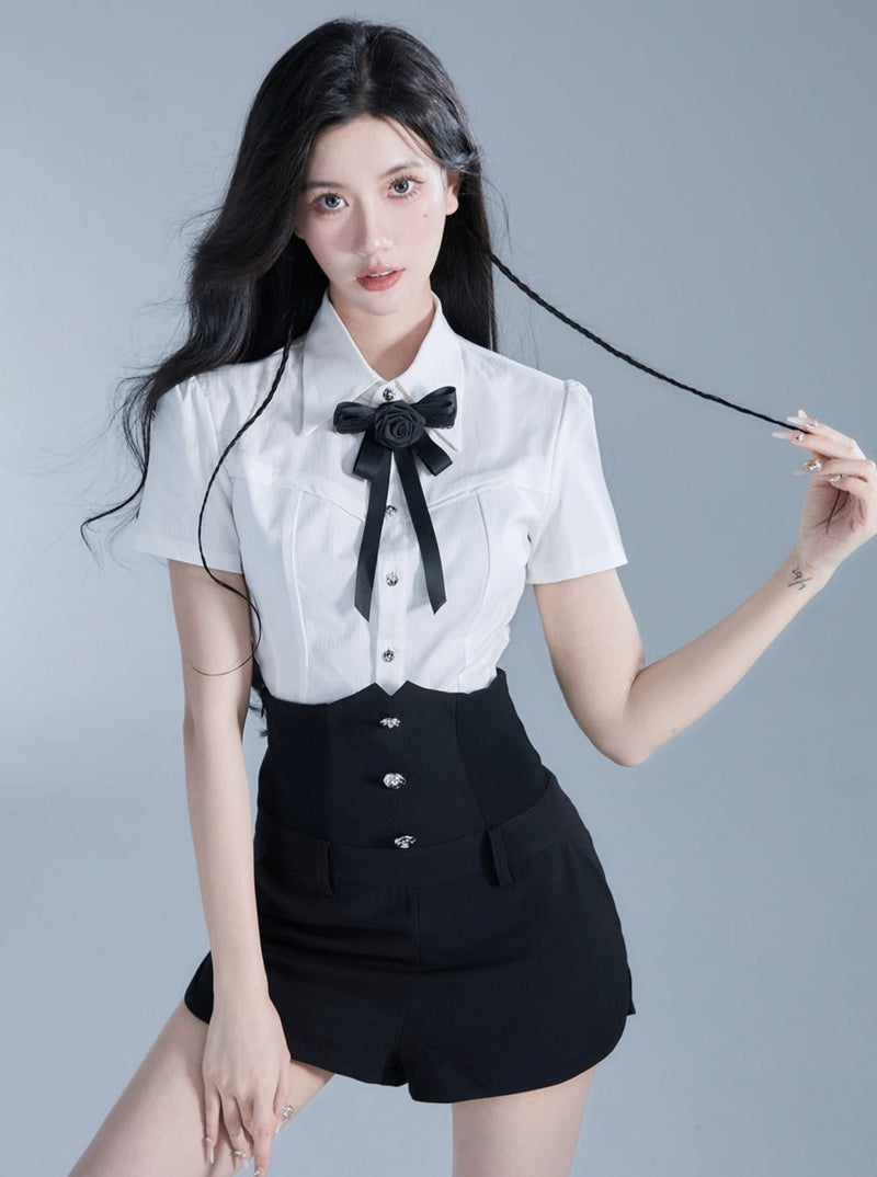Monochrome Elegance Set: High-waisted Corset Shorts With Cropped Bow-tie Shirt