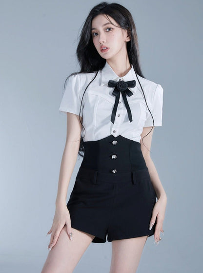 Monochrome Elegance Set: High-waisted Corset Shorts With Cropped Bow-tie Shirt