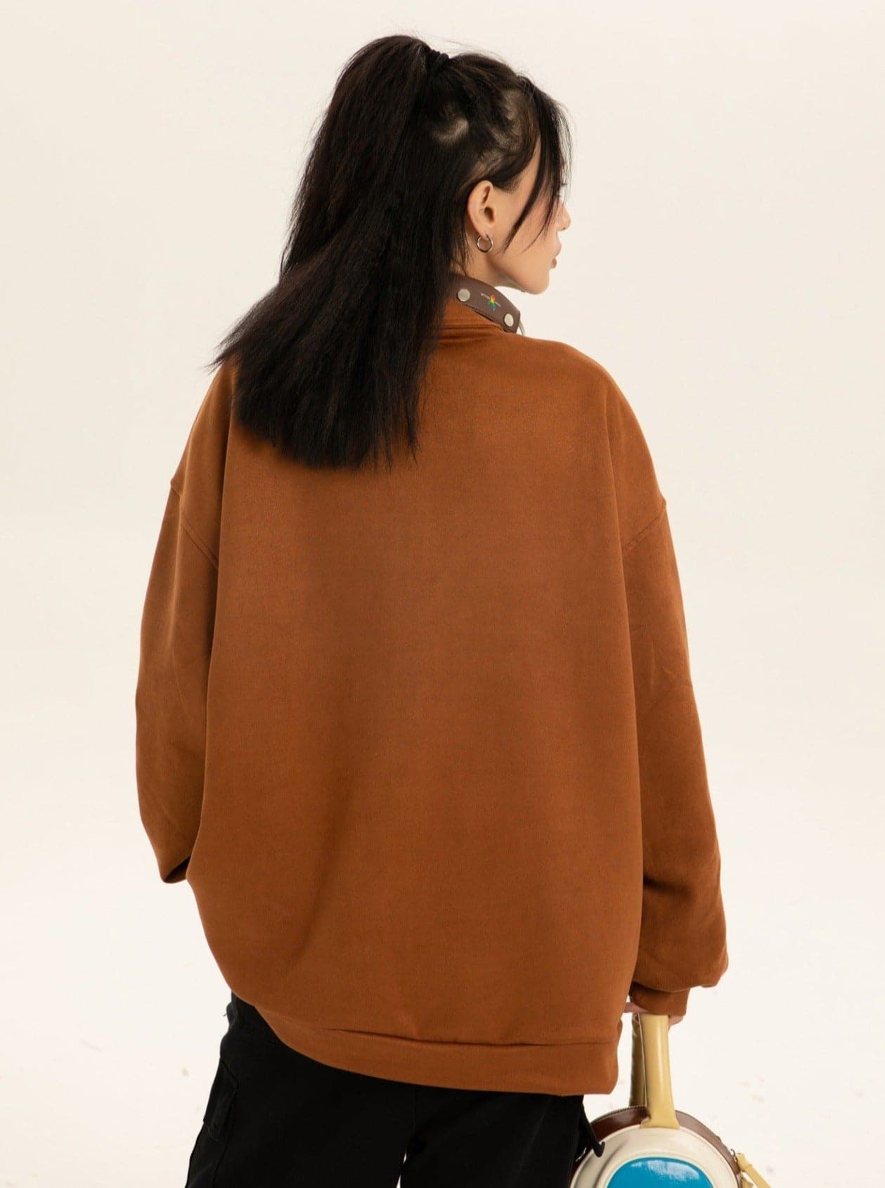 Oversized Suede Sweatshirt With Zipper Polo Collar
