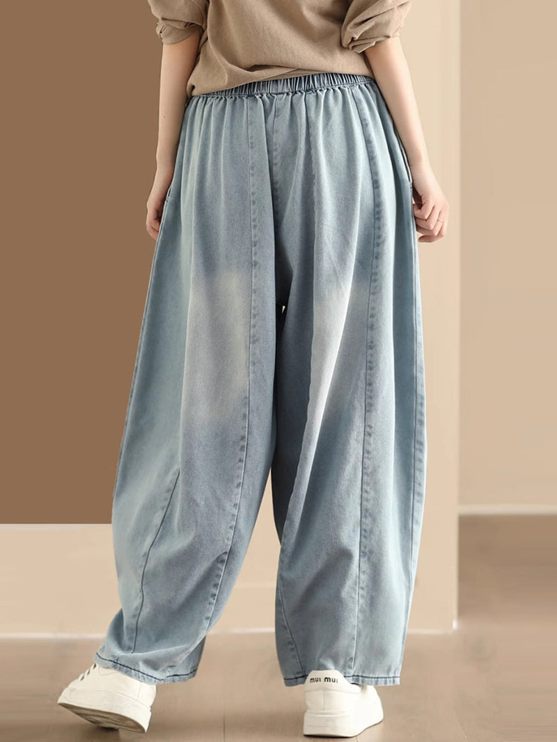 Washed Spliced Denim Wide-leg Pants Qw1007