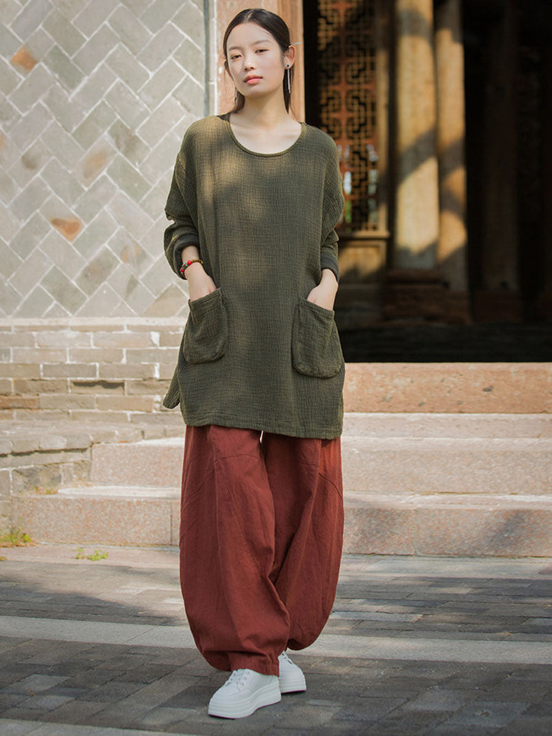 Autumn O-neck Cotton Blouse Av1021