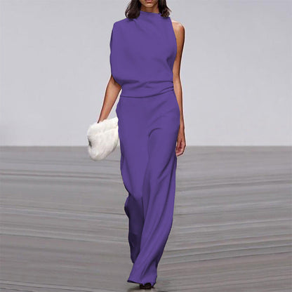Pants Color One Shoulder Pile Collar Jumpsuit Popular Dress Trousers
