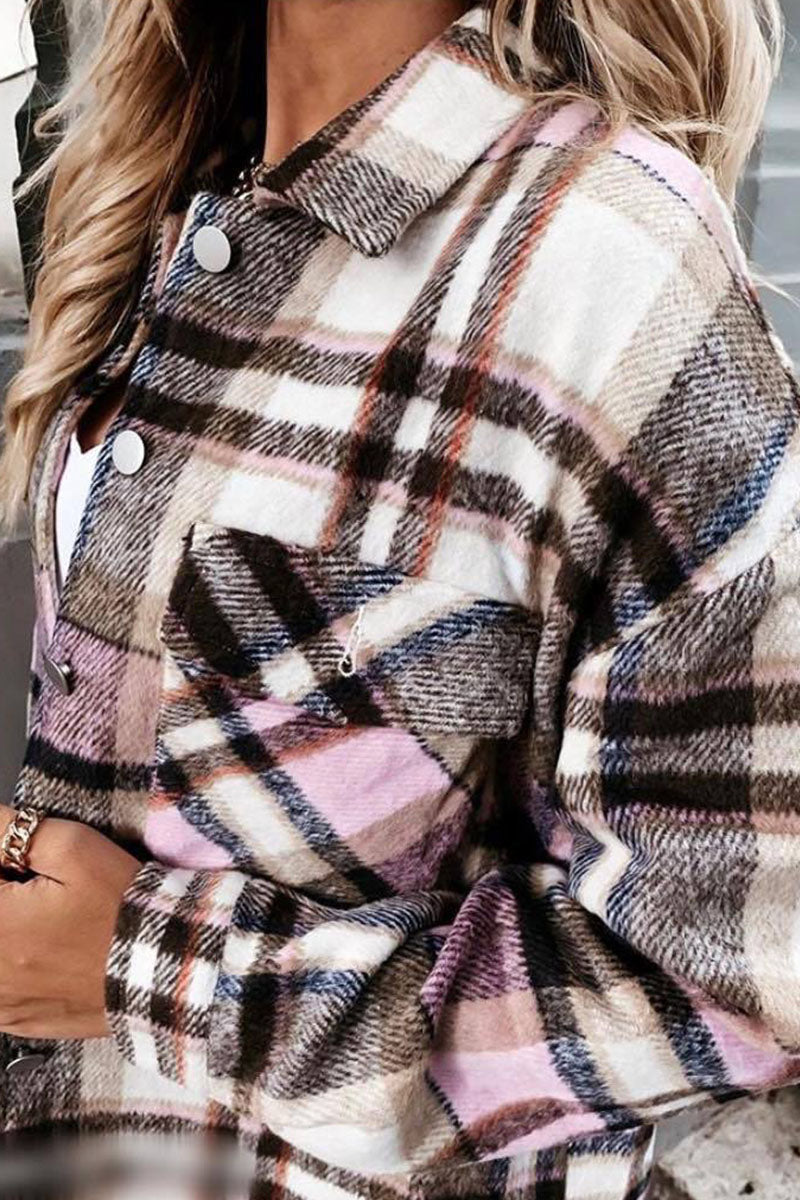Daily Adult Plaid Cardigan Turndown Collar Blouses(3 Colors)