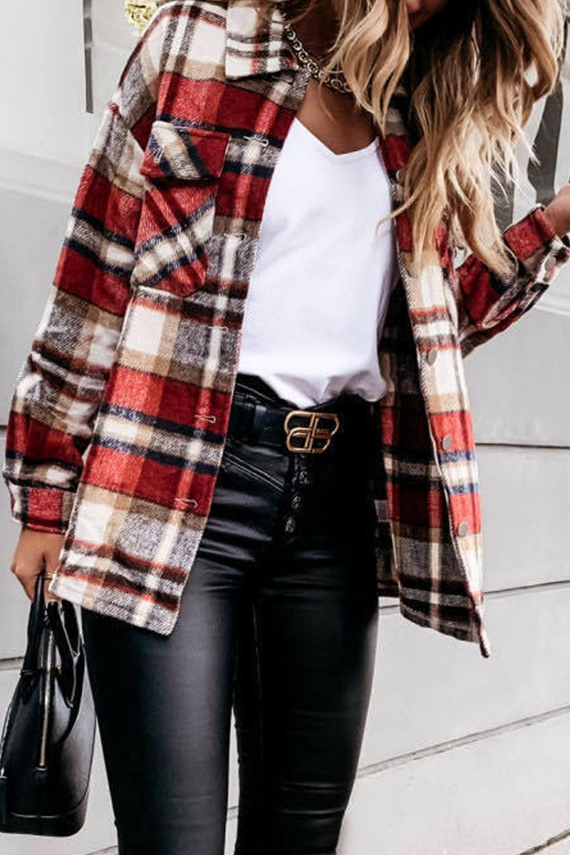 Daily Adult Plaid Cardigan Turndown Collar Blouses(3 Colors)