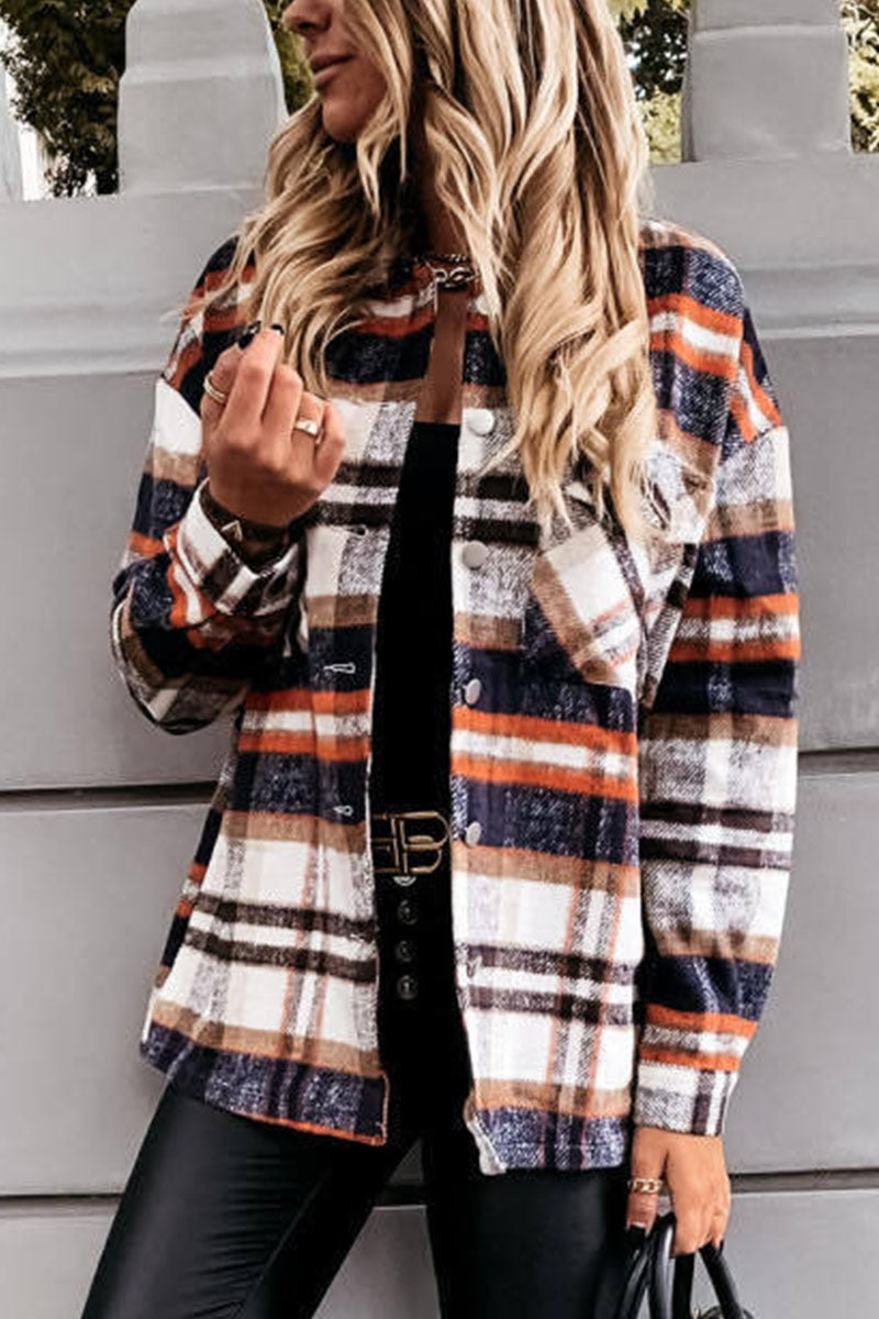 Daily Adult Plaid Cardigan Turndown Collar Blouses(3 Colors)