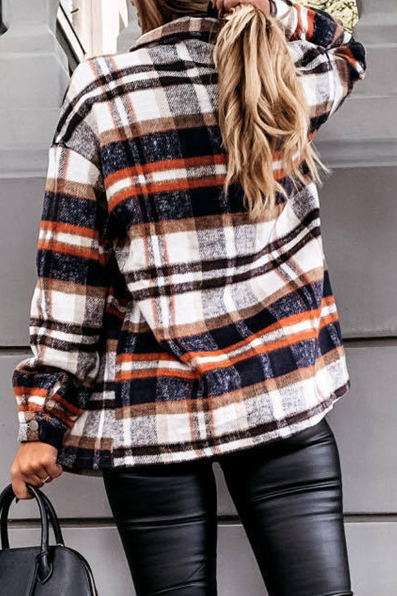 Daily Adult Plaid Cardigan Turndown Collar Blouses(3 Colors)