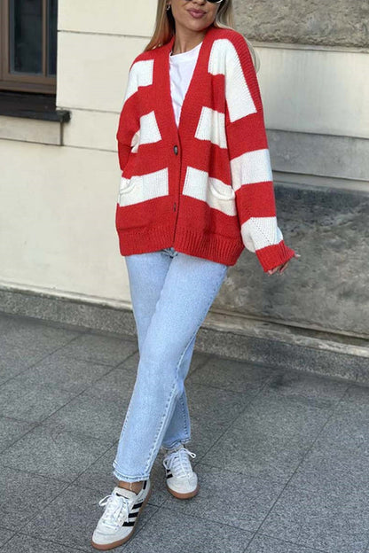V-neck Long-sleeved Striped Pocket Knitted Cardigan