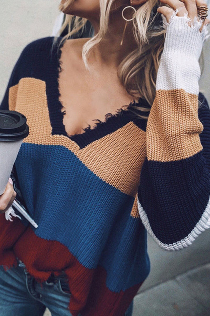 Street Patchwork Tassel V Neck Sweaters
