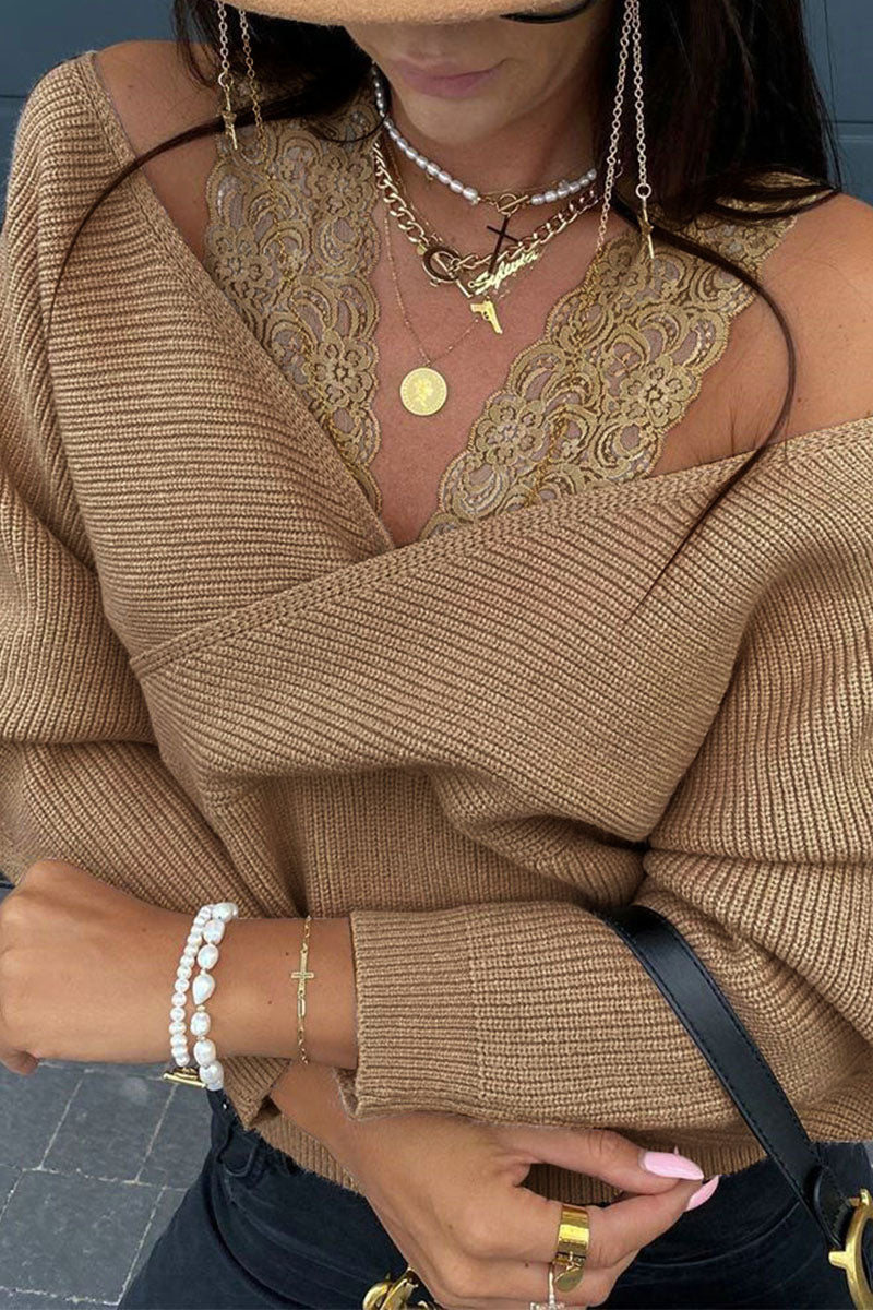 Hollowed Out Patchwork V Neck Sweaters(3 Colors)