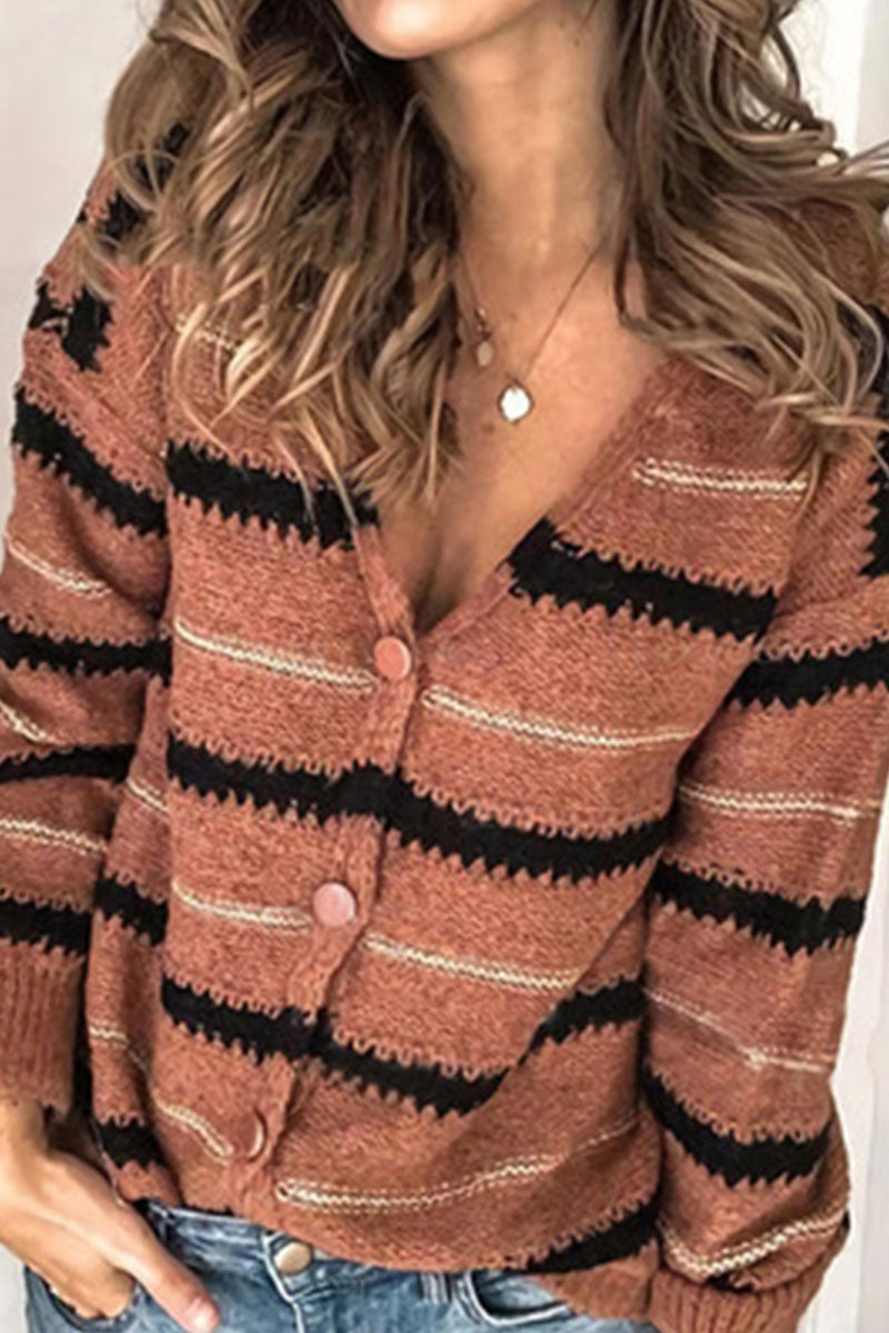 Street Striped Patchwork V Neck Sweaters