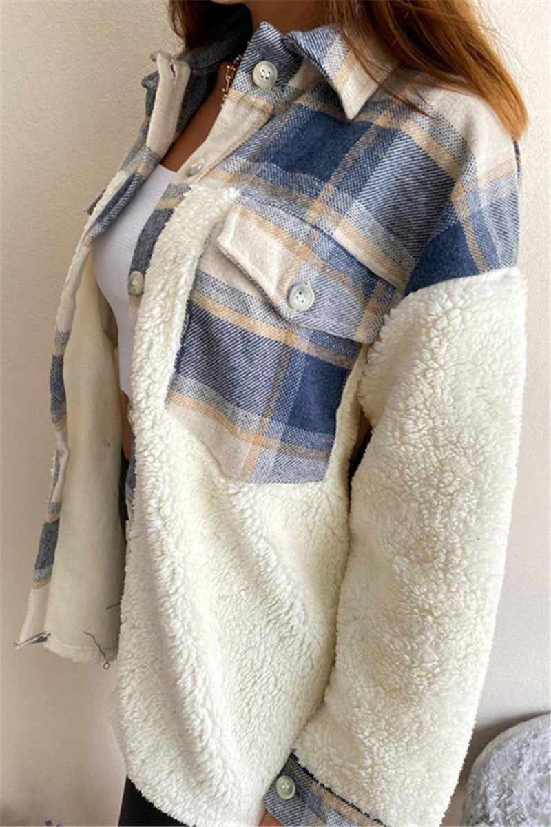 Plaid Print Patchwork Cardigan Turndown Collar Outerwear(4 Colors)